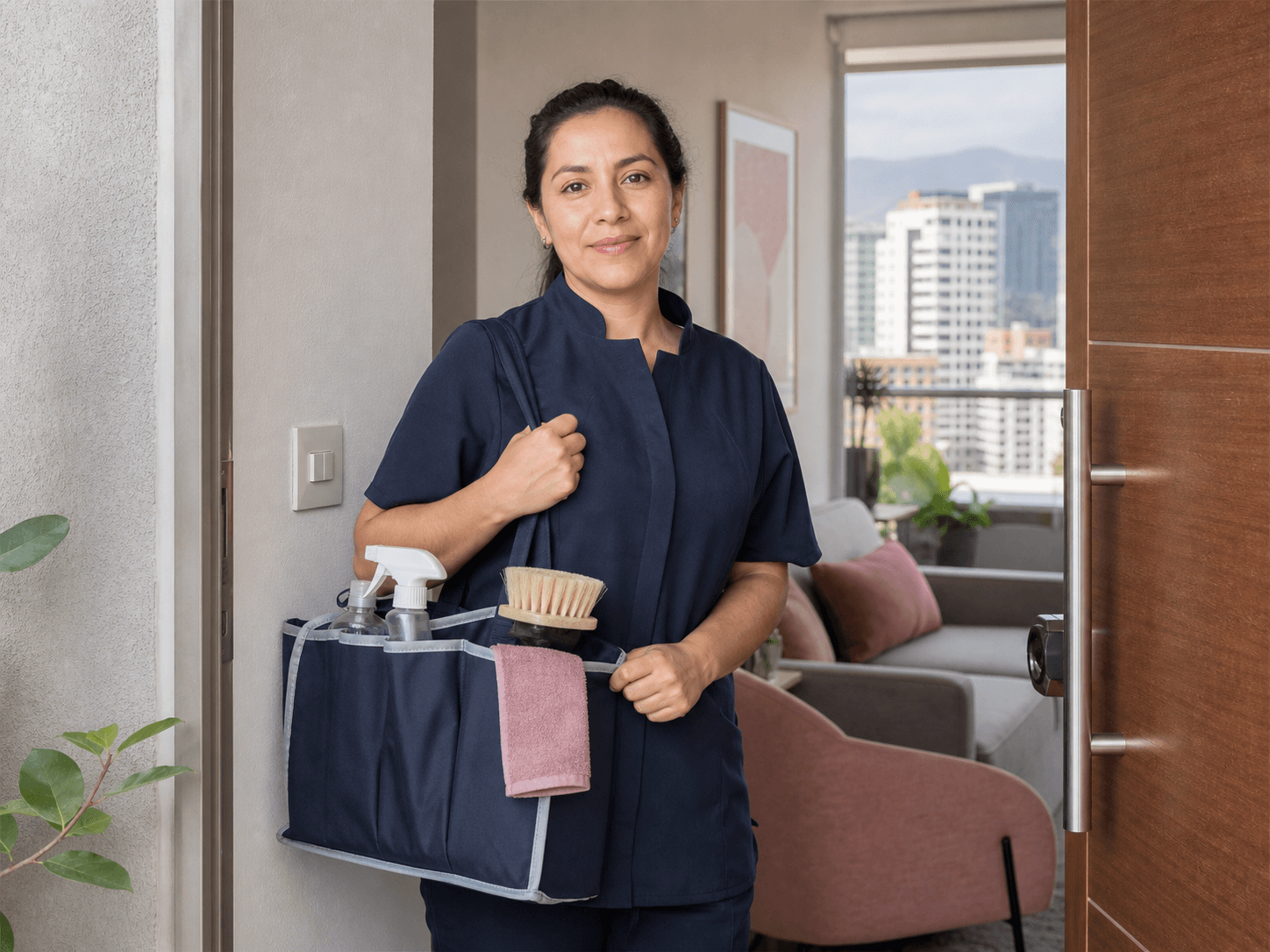 Profesional de aseo uniformada llegando a un hogar
